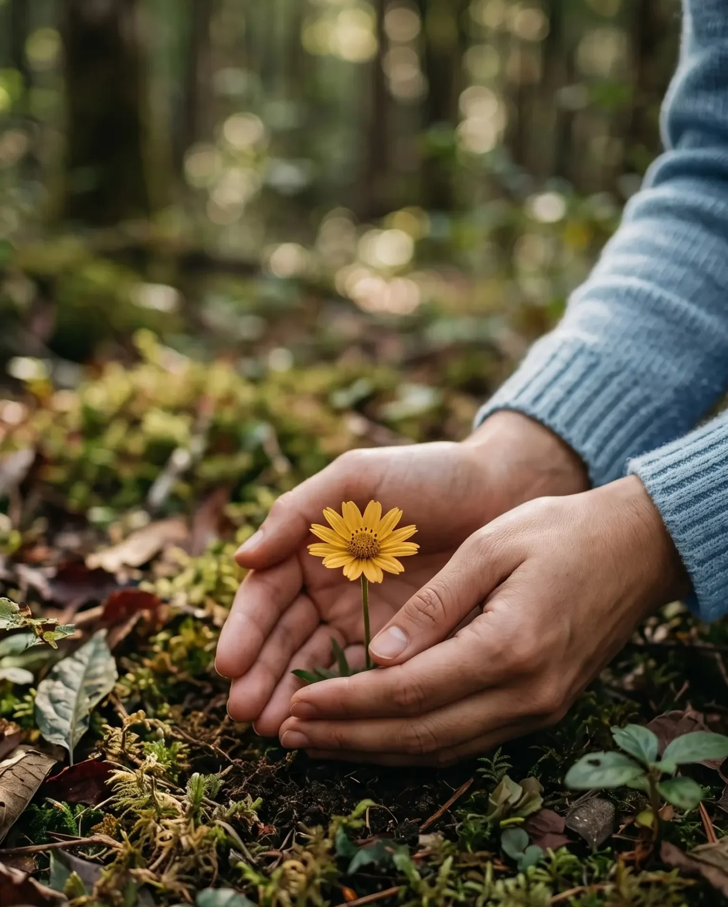 Hands gently protecting a yellow flower, a symbol of wellbeing support